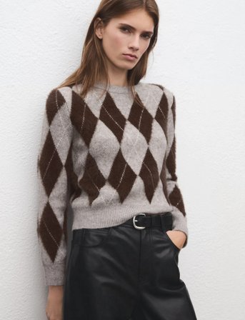 Mango Argyle Knit Sweater - Brown - S