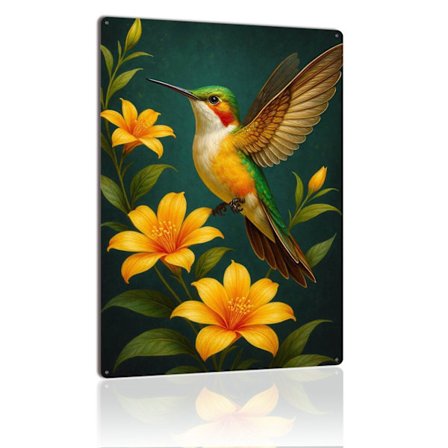 Kolibri metallikyltti lintu keltaisilla kukilla kimalteleva luonto seinätaide vintage peltikyltti laatta