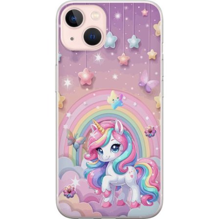Kompatibel Mobilcover til Apple iPhone 13 Magisk enhjørning med regnbue manke, stjerner og sommerfugle mod en pastelfarvet himmel med skyer