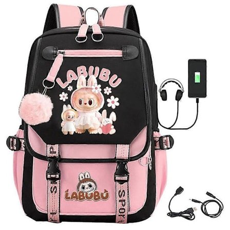 Ny Tegneserie Monster USB Opladning Rygsæk Studenter Skoletaske Til Mænd Kvinder Børn - Perfekt Sort Pink B