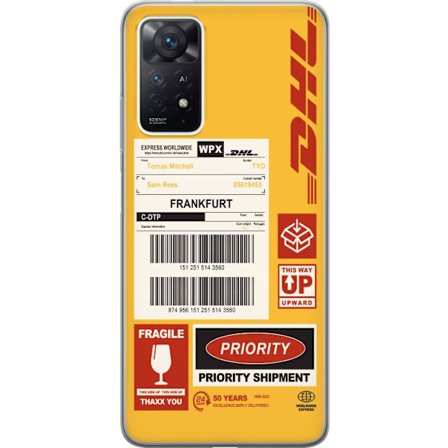 Yhteensopiva Puhelinkuori Xiaomi Xiaomi Redmi Note 11 Pro DHL Express rahtietiketti suunnittelu viivakoodeilla, Frankfurt tekstillä ja logistiikkate