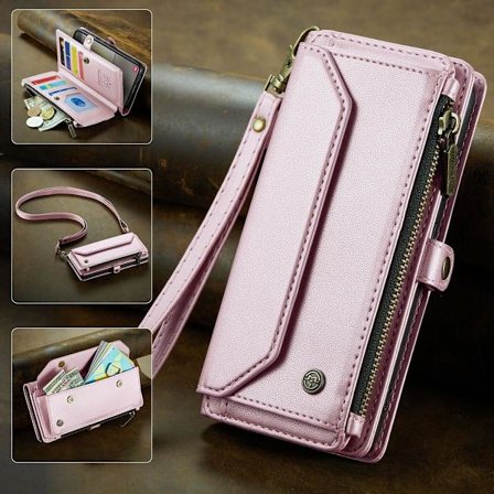 (För Samsung Galaxy S24 Plus) CaseMe tvärs över kroppen mobilplånbok med kortfack och dragkedjeficka, antikollisionsskydd