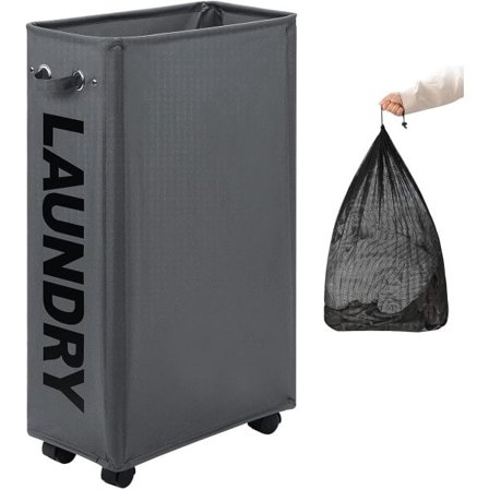 Oversized Slim Vasketøjskurv med Aftagelig Vasketøjspose på Hjul, Sammenklappelig Rullende Vasketøjskurv, Sammenklappelig Smal Hjørne til Opbevaring 