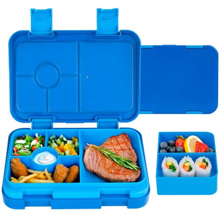 Bento Madkasse til Børn, Børn og Småbørn, Madpakke med 6 Rum, Picnics med Sauce Vontainers, BPA-Fri (Blå)