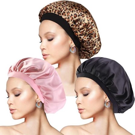 3-pakks satin nattlue med hette, (svart, rosa, leopard)