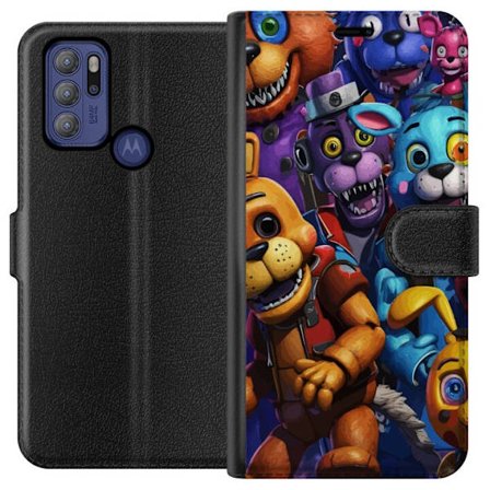 Kompatibelt Plånboksfodral till Motorola Moto G60S Färgstarka animatroniska figurer inspirerade av Five Nights at Freddy’s, intensiv blick, neonlj