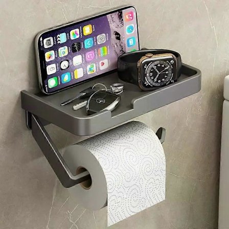 Toalettpapirholder med hylle, veggmontert toalettpapirholder, tilbehør til bad og kjøkken, grå