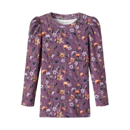 Name it langærmet top, lilla blomster, str. 86