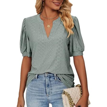 IC Dame T-shirt med V-hals, Puffærmer, Casual Sommertop, Tunika Bluser (Store)