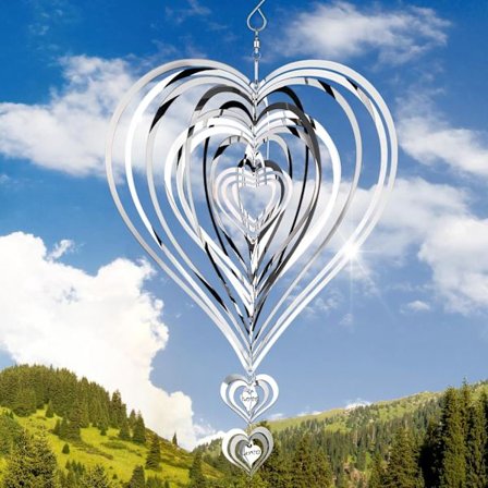 Roterende 3D Hjerte Vindspil - Regnbuefarvet Rustfrit Stål Gave til Haven, Romantisk Gave, Sølv