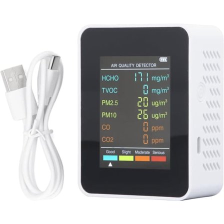 Luftkvalitetsmåler med LCD-skjerm – Bærbar CO2, TVOC, HCHOM2.5M10 Detektor for innendørs bruk, USB-oppladbar, ABS-materiale