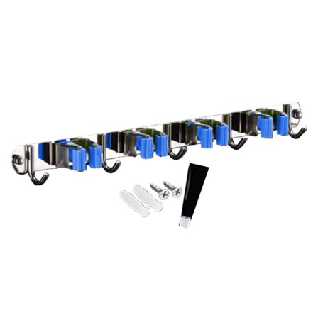 Punch Free Väggmonterad mopp- och kvasthållare i rostfritt stål med 4 klämmor och 5 krokar Blå