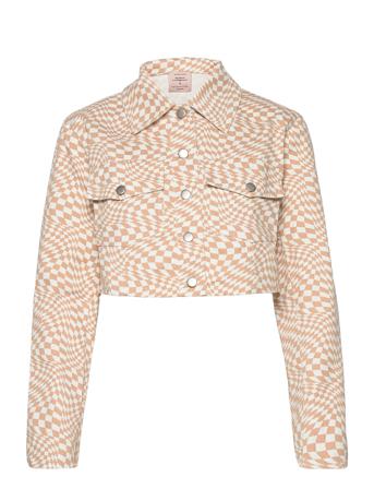 Short Jacket - Swirl Check Print Dongerijakke Denimjakke Beige Barbara Kristoffersen By Rosemunde