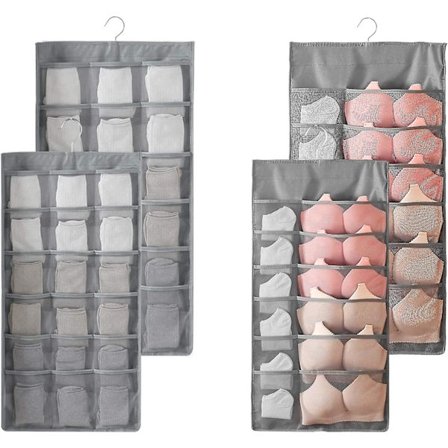 2 stk. hængende opbevaringspose til undertøj, organiser til dobbeltsidet garderobeskab, bøjlehylder til bh'er, undertøj, slips, sokker, 30 lommer, grå
