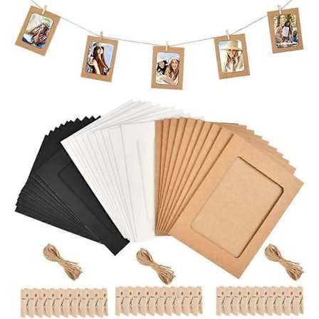 30 stk. Kraftpapir billedramme til fotos som vægdekoration, 3 farver med 30 træclips og 3 hamptove