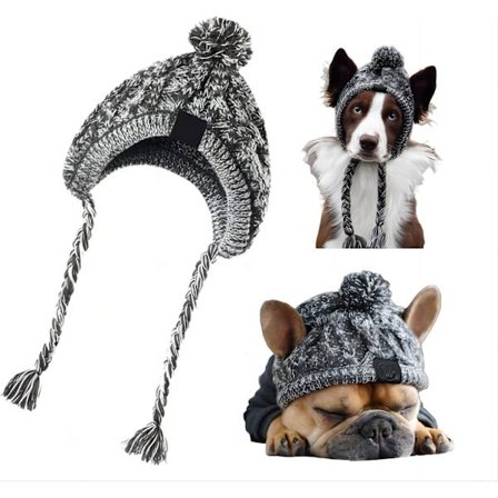 Neulottu lemmikkieläinten hattu, FainFun neulottu lämmin tuulenpitävä koiran hattu, harmaat neulotut koiranlakit, pörröinen lämmin koiranhattu 