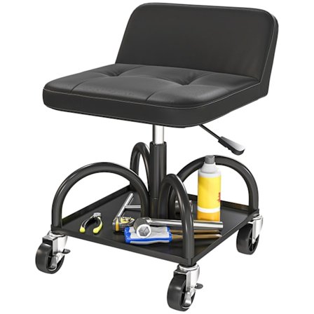 Verkstadspall med hjul, förvaringsutrymme, 58,5 cm hög, rullande pall, lastkapacitet upp till 135 kg, svart