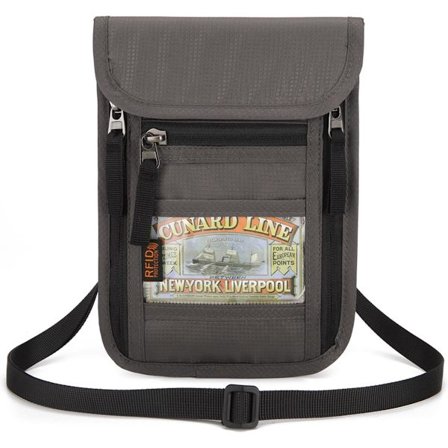 RFID-beskyttet tyverisikret halsedisse med 3 lynlåslommer - Vandafvisende rejsepung til mænd og kvinder - Pas-etui med halsrem