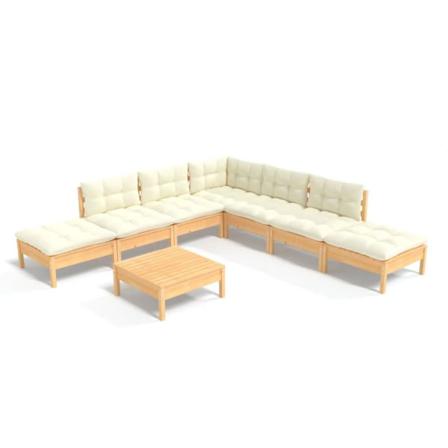 Vidaxl Loungegrupp Med Gräddvita Dynor 8 Delar Massiv Furu Creme