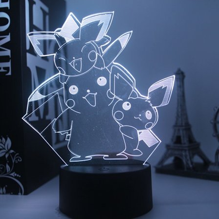 3D Illusion Natlampe, 7 farver skifter med fjernbetjening, børneværelse indretning(Pikachu)
