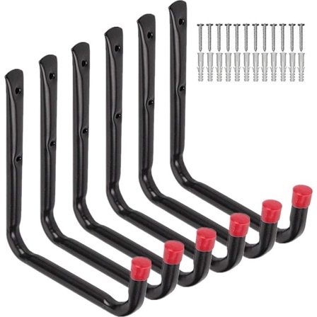 6-osainen koukku - autotallikoukku - rauta - 14,5 x 19,8 cm - musta ja punainen