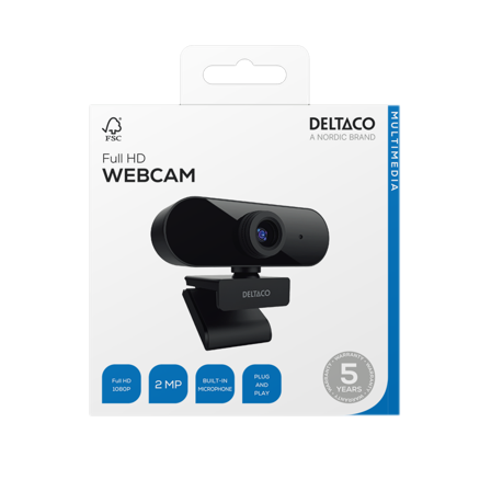 Deltaco W-100 Webcam, 1080p 1920x1080 2MP, built-in mic, 2 m cable