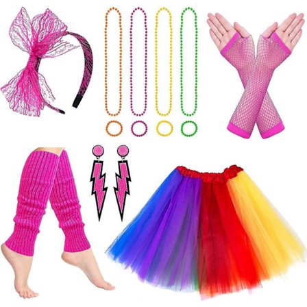 80'er kostumer kompatible med kvinder, 80'er tilbehørssæt med fiskenethandsker benvarmere, tutu nederdele kompatible med 1980'er tema fest outfits