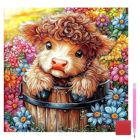 Highland Ko Diamant Kunst Sæt til Voksne Begyndere, Ko og Blomster Diamant Maleri Sæt, DIY Fuld Boring Runde Ædelsten Kunst Prikker til 