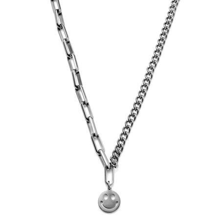 Collier Caleb Amager à double maille argentée et pendentif Smiley pour hommes - Chaînes en acier