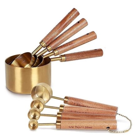 8-delt sett med målekopper og måleskjeer, med duftende trehåndtak - komplette målekopper A