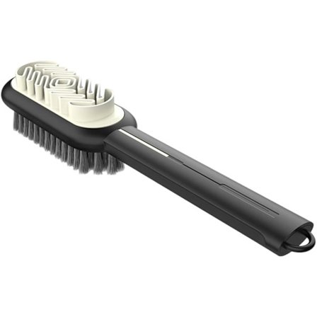 Universal 2-i-1 skobørste i semsket skinn med poleringsviskelær i gummi og myk plastbørste for rengjøring av semsket skinn og nubuck (svart).