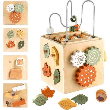 Aktivitetskube, legetøj til 1-3 årige, Montessori trælegetøj med kugleramme til børn, historielabyrint, formsorterer, pædagogiske spil og finmotoriske