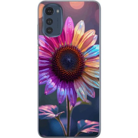 Kompatibelt Mobildeksel til Motorola Moto E32s Irideserende blomst med glitrende kronblad i rosa lilla og gull mot myk bokeh bakgrunn