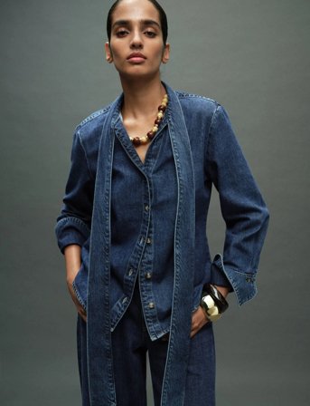 Mango Denim Shirt With Bow - Blue - XS