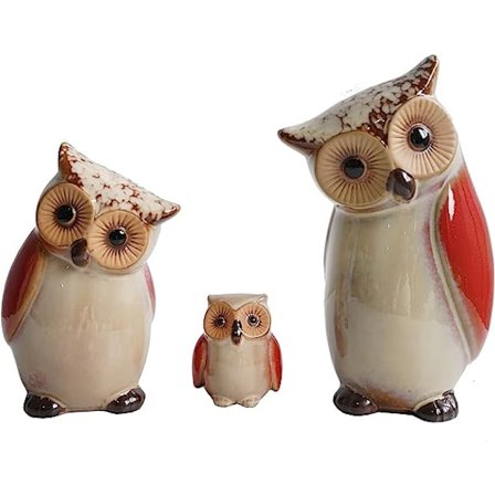 3 stk. Keramisk Ugle Statue, Ugle Familie Porcelæn Figur, Have Dyr