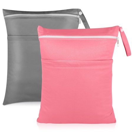 Vanntett våt og tørr bag - Doble glidelåslommer for badedrakter, bleier og treningsklær | Gjenbrukbar og vaskbar (Grå + Rosa 2-pakning)