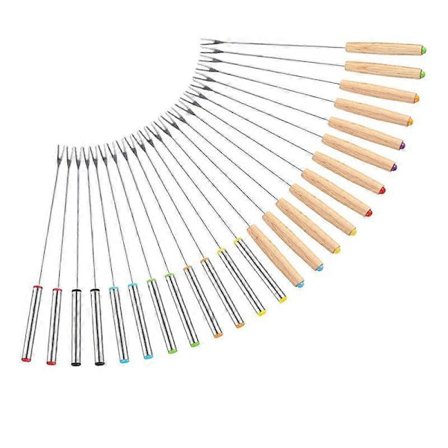 24-pakning Fonduegafler i rustfritt stål, 12 trehåndtak og 12 rustfrie håndtak, varmebestandige (FMY)