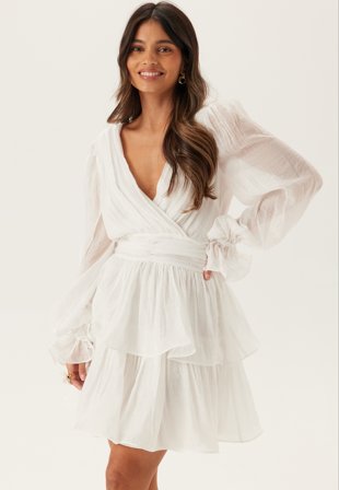 Bubbleroom Occasion - Frilled Balloon Sleeve Short Flounce Dress - White - Kläder