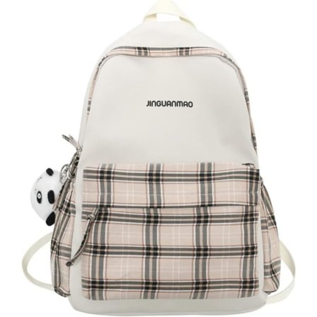 Skolväska - Rutig ryggsäck med 1 gratis söt panda-berlock, (Beige)