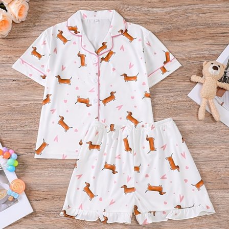 2 stk. 'Gravhund Pyjamassæt - Drenge & Piger Kortærmet Krave Knaplukning Cardigan & Shorts, Helårs Maskinvaskbar Flammehæmmende Pyjamas med...