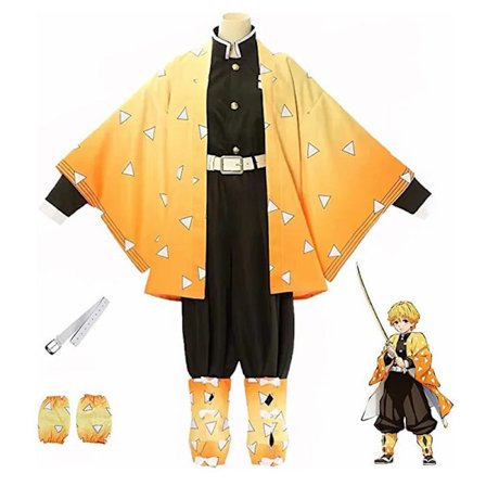 Demon Slayer Zenitsu Cosplay Kostym med Kimono och Peruk för Halloween