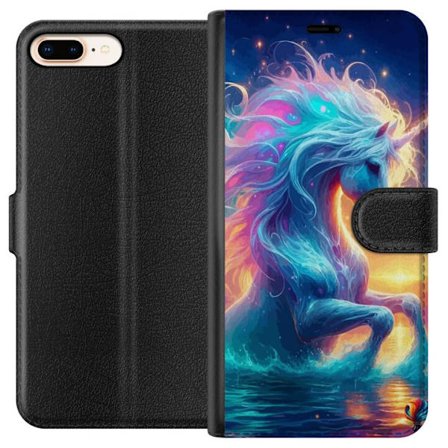 Kompatibelt Plånboksfodral till Apple Apple iPhone 7 Plus Färgsprakande enhörning i vatten med regnbågsfärger, glödande ljus, magisk fantasyatmo