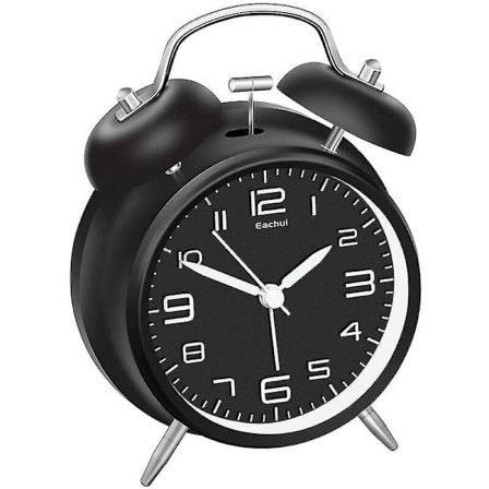 Dobbelt klokkevækkeur med natlys, høj alarm, analogt vækkeur med stor 4-tommer urskive - sort