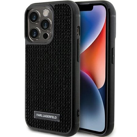 Karl Lagerfeld Rhinestone Logo Metal Plate-etui for iPhone 15 Pro - svart