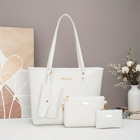 Nyt Moderigtigt Trendy Bølgepræget Alsidigt Fire-Deles Sæt - Stor Kapacitet Tote Taske, To-Deles Crossbody Taske, Lille Håndtaske