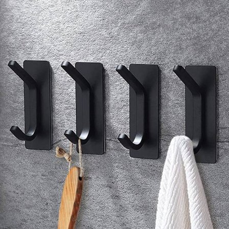 4 pakker selvklæbende kroge, rustfrit stål klæbende vægkrog dobbelt krog design heavy duty frakke kroge klæbrige kroge til ophængning til soveværelse