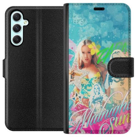 Kompatibel Tegnebogsetui til Samsung Galaxy A34 Eventyrverden med Steve, Creeper og dyr i farverig blokgrafik