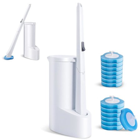 Toiletryllestangsæt med 16 rengøringspuder, toiletbørste til bortskaffelse og rengøringssystem med holder, børste med langt håndtag