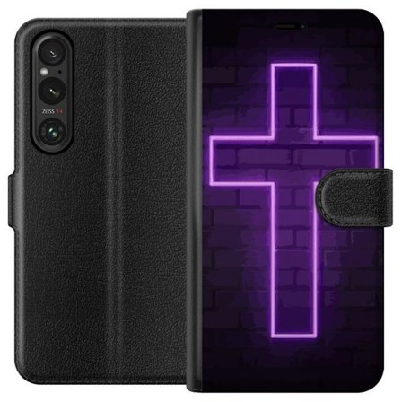 Yhteensopiva Lompakkokotelo Sony Sony Xperia 1 V Neonristi purppuranvalossa tummaa tiiliseinää vasten, symbolinen motiivi vahvalla hohto moderni est