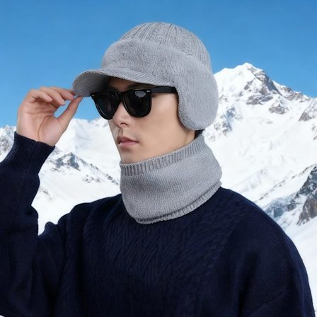 Koreansk Strikket Ullcaps med Skygge – Tykk, Varm, Vindtett Lue med Valgfri Halsvarmer